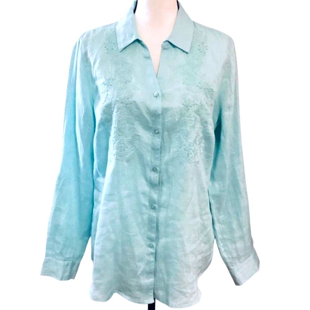 Charter‎ Club Womens L Blue Embroidered Beaded 100% Linen Button Front Shirt